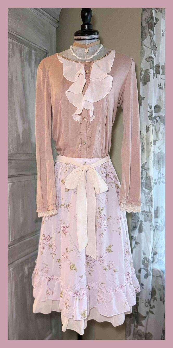 Axes Femme Ruffle Blouse Classical Rose Skirt Set Himekaji Coquette Shoujo Girl